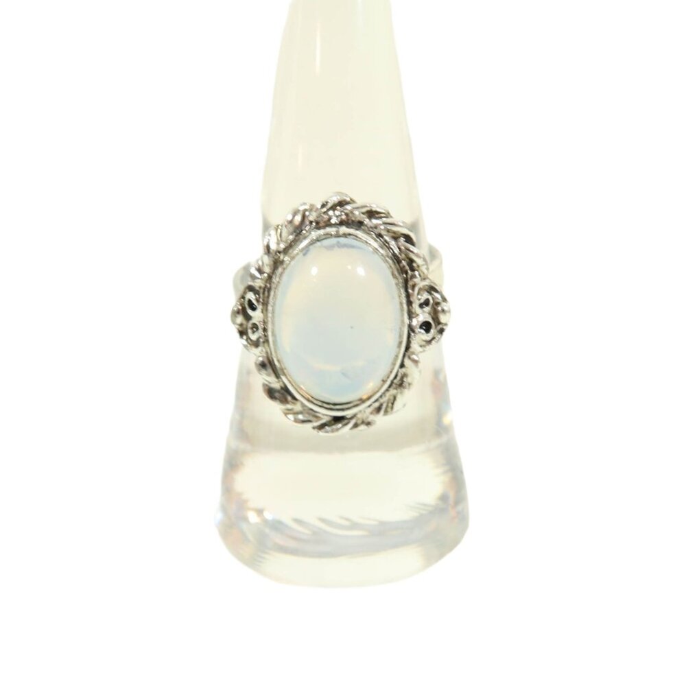 Silver Tone & Faux Moon Stone Cabochon Adjustable Ring Unsigned